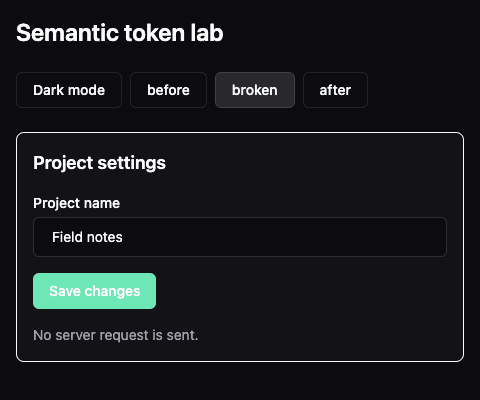 Broken dark-mode settings card: white Save changes text on a light mint button.