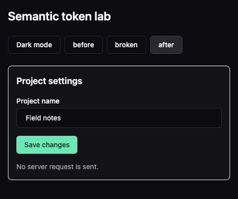 Corrected dark-mode settings card: dark green Save changes text on the same light mint button.