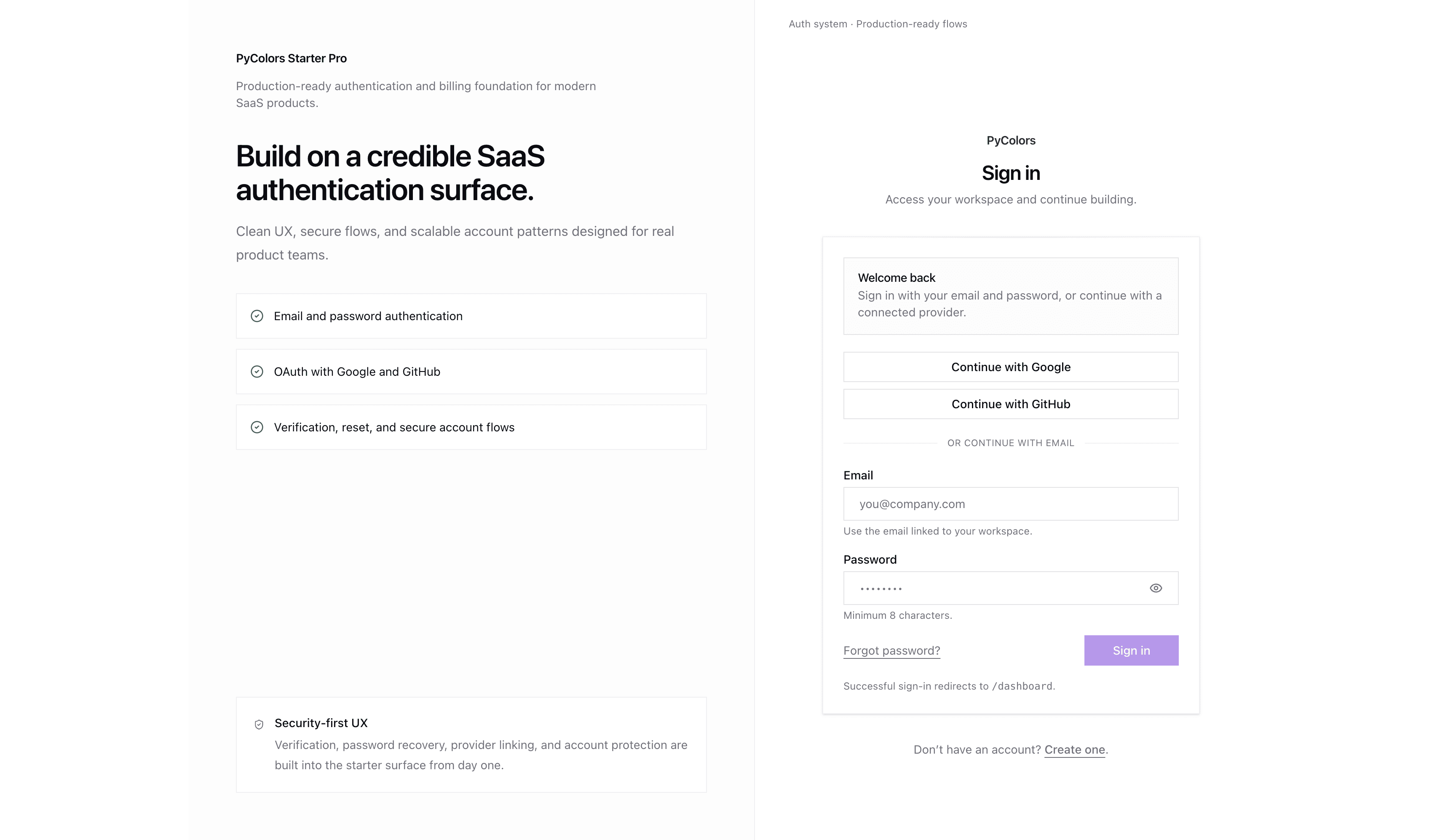 Starter Pro protected SaaS dashboard preview