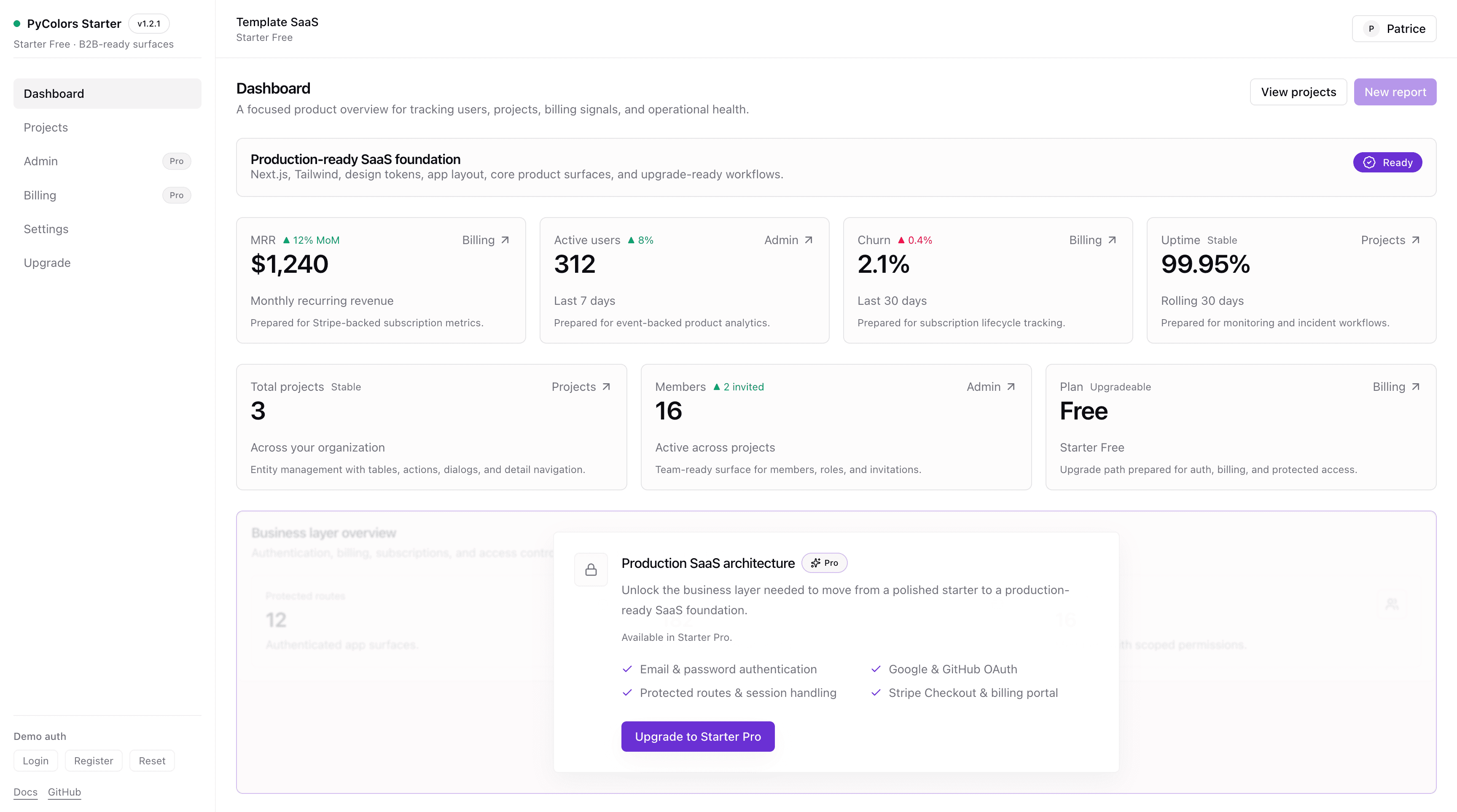 Starter Free SaaS product surface preview